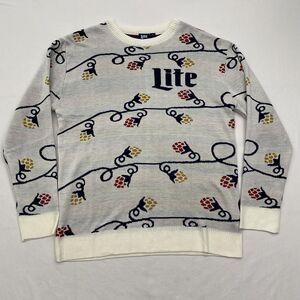 Miller Lite Sweater Mens XL Gray White Holiday Lights Hops Ugly Christmas Beer
